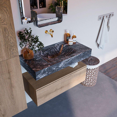 Mondiaz ALAN-DLUX Ensemble de meuble - 90cm - meuble Washed Oak mat - 1 tiroir - Lavabo Cloud Lava suspendu - vasque Centre - 0 trous de robinet