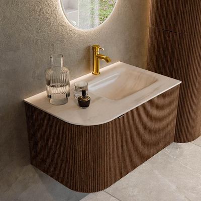 MONDIAZ KURVE-DLUX 75cm badmeubel ronding Links kleur Walnut met 1 lade en 1 deur. Wastafel GRUNNE Rechts 1 kraangat Meli.