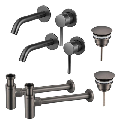 FugaFlow Eccelente Sobrado Badkamer Slim Wastafelkraanset - voor dubbele wastafel - inbouw wastafelkraan - always open plug - design sifon - PVD Gepolijst Gunmetal