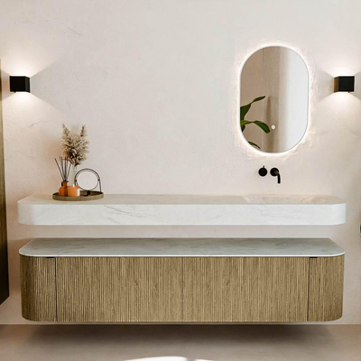 MONDIAZ THOR-DLUX 200cm meuble de salle de bains arrondi gauche + droite couleur Dusk avec 2 tiroirs et 2 portes. Vasque suspendue CLOUD Droite sans trou de robinet couleur Opalo.