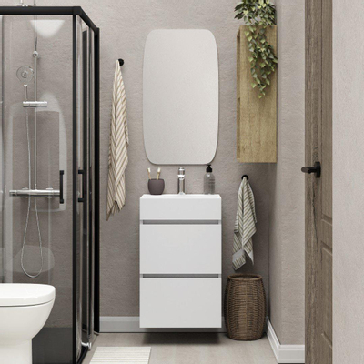Xellanz Mini meuble de salle de bains avec 2 tiroirs blanc brillant et lavabo céramique blanc brillant 45 cm inclus miroir