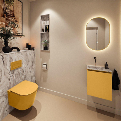 MONDIAZ TURE-DLUX Meuble toilette - 40cm - Ocher - EDEN - vasque Glace - position gauche - sans trou de robinet