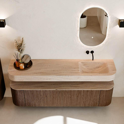 MONDIAZ THOR-DLUX 180cm meuble de salle de bains arrondi gauche + droite couleur Walnut avec 2 tiroirs et 2 portes. Vasque suspendue CLOUD droite sans trou de robinet couleur Saba.