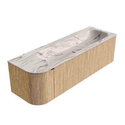 MONDIAZ KURVE-DLUX 145cm badmeubel ronding Links kleur Oak met 1 lade en 1 deur. Wastafel BIG LARGE Rechts zonder kraangat Nata.