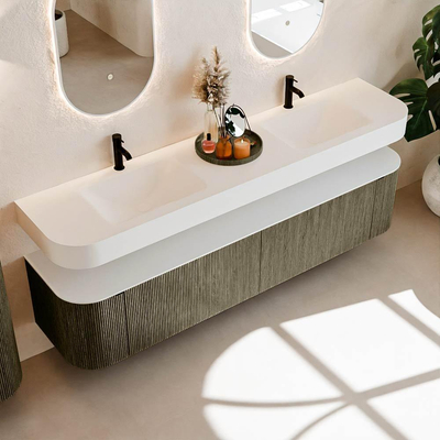 MONDIAZ THOR Meuble de salle de bains 200cm arrondi gauche + droite couleur Shadow avec 2 tiroirs et 2 portes. Vasque suspendue CLOUD Double 2 trous de robinet couleur Talc.