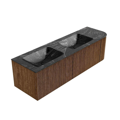 MONDIAZ KURVE-DLUX 155cm Meuble salle de bain avec module 25 D - couleur Walnut - 2 tiroirs - 1 porte - vasque LEAF double / gauche - 2 trous de robinet - couleur Lava