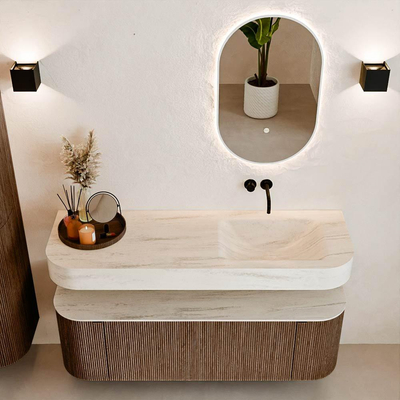 MONDIAZ THOR-DLUX 140cm badmeubel ronding links + rechts kleur Walnut met 1 lade en 2 deuren. Vrijhangende wastafel CLOUD Rechts zonder kraangat kleur Meli.