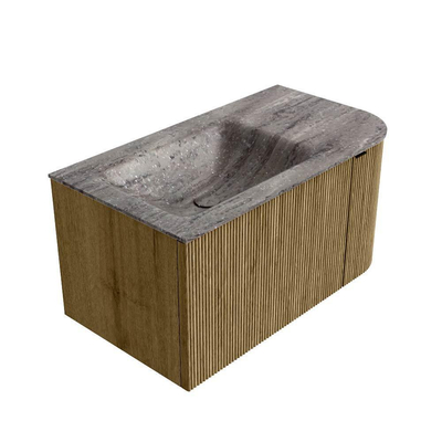 MONDIAZ KURVE-DLUX meuble de salle de bains 85cm arrondi droit couleur Dusk avec 1 tiroir et 1 porte. Lavabo CLOUD gauche 1 trou de robinet Oza.