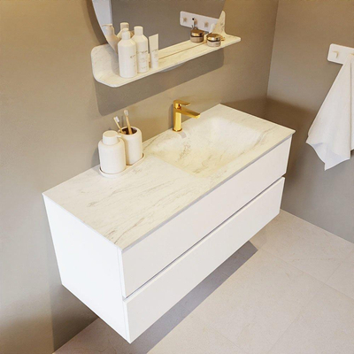 Mondiaz VICA-DLUX Ensemble de meuble de salle de bain - 110cm - meuble sous-vasque talc - 2 tiroirs - lavabo encastré cloud droite - 1 trou de robinet - version haute de 60cm - opalo