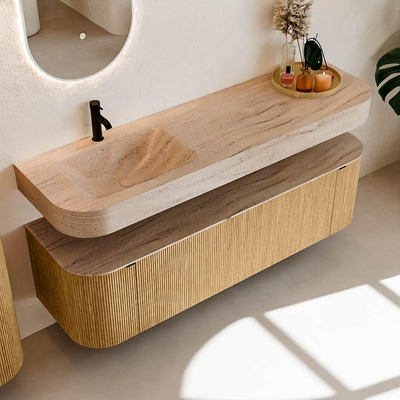 MONDIAZ THOR-DLUX 160cm badmeubel ronding links + rechts kleur Oak met 1 lade en 2 deuren. Vrijhangende wastafel CLOUD Links 1 kraangat kleur Saba.