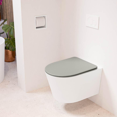 Mondiaz LAVIE hangtoilet – spoelrandloos – 36 x 53 cm – met softclose zitting – Talc (wit), zitting Smoke (lichtbruin)