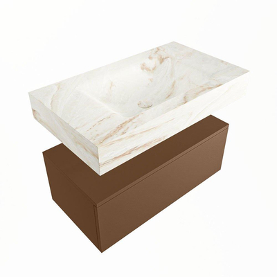 Mondiaz ALAN-DLUX Ensemble de meuble - 80cm - meuble Rust mat - 1 tiroir - Lavabo Cloud Frappe suspendu - vasque Centre - 1 trou de robinet