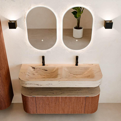 MONDIAZ THOR-DLUX 130cm meuble de salle de bains arrondi gauche + droite couleur Ruby avec 1 tiroir et 2 portes. Vasque suspendue CLOUD Double 2 trous de robinet couleur Arena.