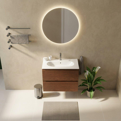 Saniclass Holz Pure Ensemble de meubles de salle de bains - 80x45x73.9cm - Vasque Chaci en céramique blanche - 1 vasque - 1 trou de robinetterie - 2 tiroirs - walnut pure mat (bois)