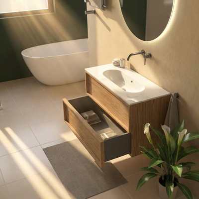 Saniclass Holz Frame Ensemble meuble de salle de bains - 100x45x73.9cm - lavabo Chaci en céramique blanc - 1 vasque - sans trou de robinetterie - 2 tiroirs - chêne natural mat (bois)