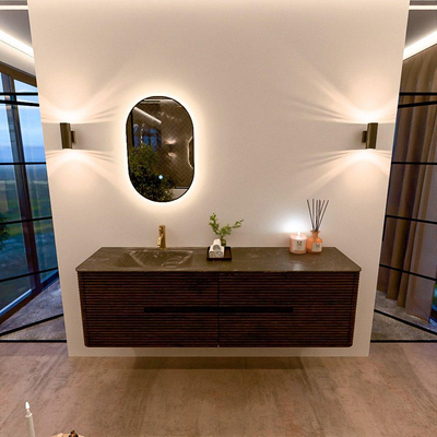 Mondiaz CIRO-DLUX Meuble de salle de bains - 170x45x50cm - Vasque solid surface Lava - 1 lavabo à gauche - 1 trou de robinet - 4 tiroirs - Noyer