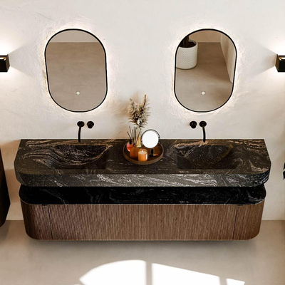 MONDIAZ THOR-DLUX 200cm meuble de salle de bains arrondi gauche + droite couleur Walnut avec 2 tiroirs et 2 portes. Vasque suspendue CLOUD Double sans trou de robinet couleur Lava.