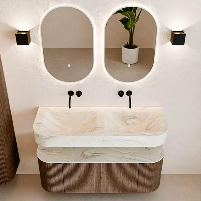 MONDIAZ THOR-DLUX 120cm badmeubel ronding links + rechts kleur Walnut met 1 lade en 2 deuren. Vrijhangende wastafel CLOUD Dubbel zonder kraangat kleur Ostra.