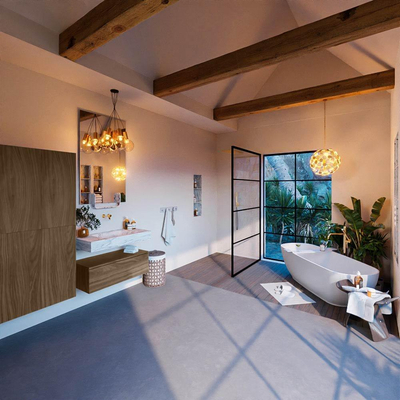 Mondiaz ALAN-DLUX Ensemble meuble de salle de bains - 90cm - 1 tiroir - lavabo suspendu CLOUD - Glace - central - sans trou de robinet - Mocha