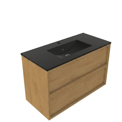 Saniclass Holz Frame Ensemble de meubles de salle de bains - 100x45x62cm - Vasque Vygo en céramique noire - 1 vasque - 1 trou de robinetterie - 2 tiroirs - chêne natural mat (bois)
