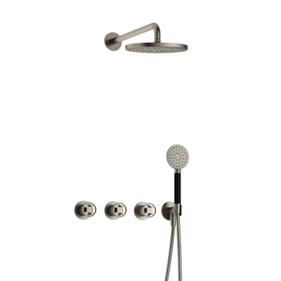 Hotbath Cobber IBSW70 Ensemble de douche de tête encastré - bras mural 38,5 cm - douche de tête ronde 20 cm - douchette 3 jets - Nickel brossé