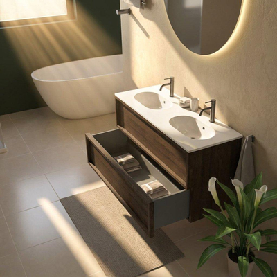 Saniclass Holz Frame Ensemble meuble de salle de bains - 120x45x74cm - lavabo Chaci en céramique blanc - 2 vasques - 2 trous de robinetterie - 2 tiroirs - chêne charcoal mat (bois)
