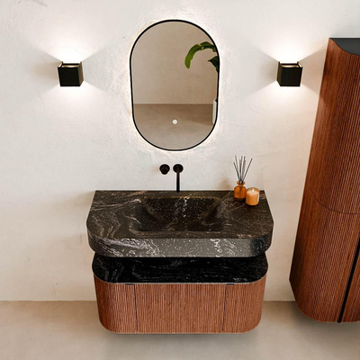 MONDIAZ THOR-DLUX 100cm meuble de salle de bains arrondi gauche + droite couleur Ruby avec 1 tiroir et 2 portes. Vasque suspendue CLOUD Milieu sans trou de robinet couleur Lava.