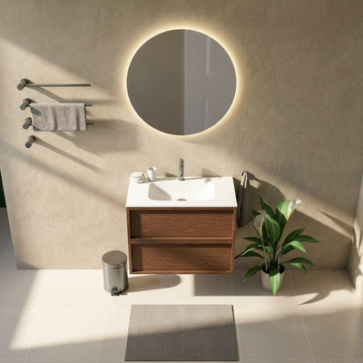 Saniclass Holz Frame Ensemble de meuble de salle de bains - 80x45x61.5cm - Flow lavabo en solid surface blanc - 1 vasque - 1 trou de robinetterie - 2 tiroirs - mat walnut pure (bois)