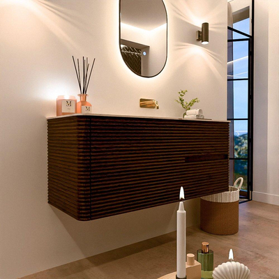Mondiaz CIRO-DLUX Ensemble de meubles de salle de bains - 120x45x50cm - Plan-vasque solid surface Nata - 1 vasque à droite - sans trous de robinetterie - 2 tiroirs - Noyer