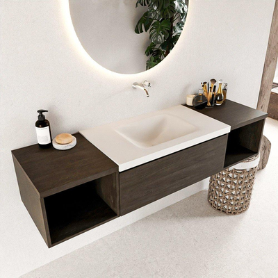 MONDIAZ BUKLA Meuble de salle de bains 160 cm avec module ouvert 40 L+R couleur Dark Brown avec 1 tiroir. Lavabo CLOUD central 0 trous de robinetterie couleur Talc.