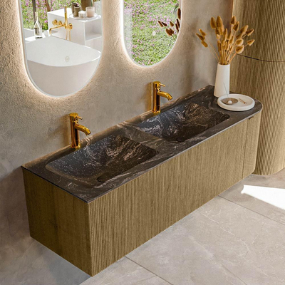 Mondiaz KURVE-DLUX Ensemble de meubles de salle de bains - 145x46x40cm - 1 tiroir - 1 porte - lavabo solid surface - double / gauche - 2 trous de robinet - Dusk