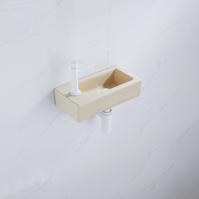 QeramiQ Lave-mains Kit lave-mains - 37.5x18.5x9cm - céramique - trou de robinet gauche - robinet lave-mains mat blanc - bonde de vidage - siphon abaissé - Mat Beige