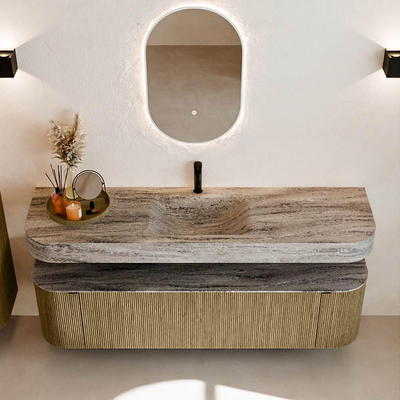 MONDIAZ THOR-DLUX 170cm meuble de salle de bains arrondi gauche + droite couleur Dusk avec 1 tiroir et 2 portes. Vasque suspendue CLOUD Milieu 1 trou de robinet couleur Oza.