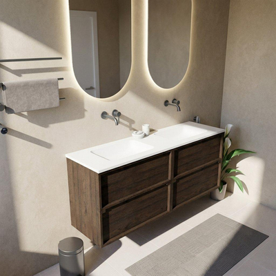Saniclass Holz Frame Ensemble meuble de salle de bains - 160x45x77.5cm - lavabo Torino en solid surface blanc - sans trou de robinet - 4 tiroirs - chêne charcoal mat (bois)