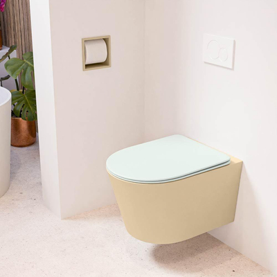Mondiaz LAVIE hangtoilet – spoelrandloos – 36 x 53 cm – met softclose zitting – Sand (beige), zitting Greey (lichtgroen/grijs)