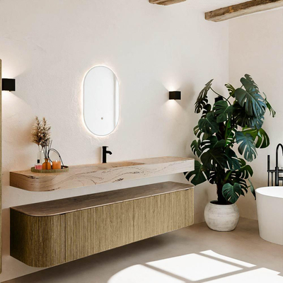 MONDIAZ THOR-DLUX 200cm meuble de salle de bains arrondi gauche + droite couleur Dusk avec 2 tiroirs et 2 portes. Vasque suspendue CLOUD Milieu 1 trou de robinet couleur Arena.