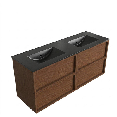 Saniclass Holz Frame Ensemble meuble de salle de bains - 140x45x62cm - lavabo Vygo en céramique noir - 2 vasques - sans trous de robinetterie - 4 tiroirs - mat walnut pure (bois)
