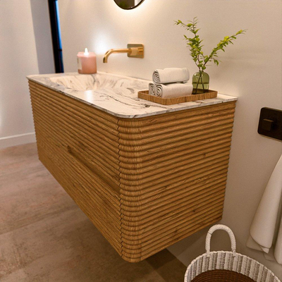 Mondiaz CIRO-DLUX Badkamermeubelset - 110x45x50cm - Solid surface wastafel Glace - 1 wasbak Links - zonder kraangaten - 2 lades - Oak