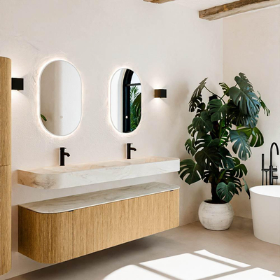 MONDIAZ THOR-DLUX Meuble de salle de bains - 170cm - arrondi gauche + droite - couleur Oak - 1 tiroir - 2 portes - Vasque suspendue CLOUD Double 2 trous de robinet - couleur Ostra