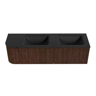 MONDIAZ KURVE meuble de salle de bains 155 cm avec module 25 L couleur Walnut avec 2 tiroirs et 1 porte. Lavabo CLOUD double / droite 2 trous de robinet Urban.
