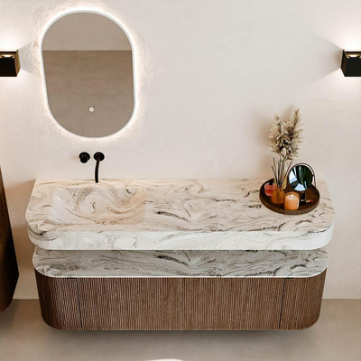 MONDIAZ THOR-DLUX 160cm badmeubel ronding links + rechts kleur Walnut met 1 lade en 2 deuren. Vrijhangende wastafel CLOUD Links zonder kraangat kleur Glace.