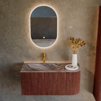 MONDIAZ KURVE-DLUX Meuble de salle de bains 95cm arrondi à droite couleur Ruby avec 1 tiroir et 1 porte. Vasque BIG SMALL gauche 1 trou de robinet Sombra.