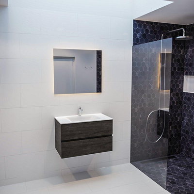 ENSEMBLE DE MEUBLE MONDIAZ VICA - 80cm - 2 tiroirs - lavabo Cloud central - 1 trou de robinet - solid surface marron foncé