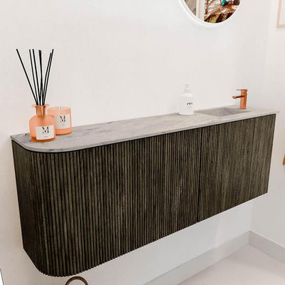 Mondiaz JOYA-DLUX Meuble de salle de bains 111.6cm - arrondi gauche couleur Shadow - Vasque FAYE position Droite 1 trou de robinet couleur Glace