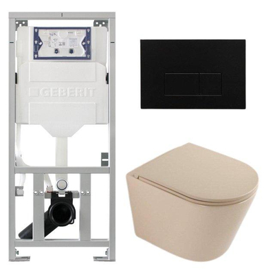QeramiQ Dely Pack WC - 36,3x51,7cm - à fond creux - sans bride - réservoir encastré Geberit UP320 - abattant WC à fermeture douce - plaque de commande en plastique noir mat - boutons rectangulaires - beige mat