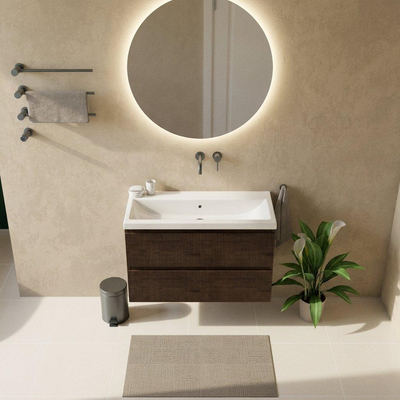 Saniclass Holz Atelier Ensemble de meubles de salle de bains - 100x45x63.5cm - lavabo en céramique Bari blanc - 1 vasque - sans trou de robinet - 2 tiroirs - chêne charcoal mat (bois)