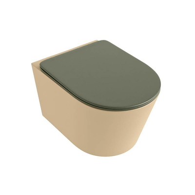 Mondiaz LAVIE hangtoilet – spoelrandloos – 36 x 53 cm – met softclose zitting – Sand (beige), zitting Army (groen)