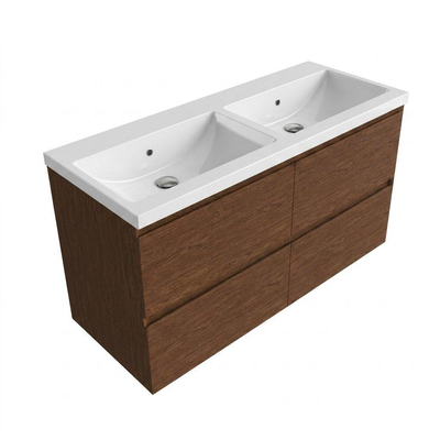 Saniclass Holz Pure Ensemble de meubles de salle de bains - 120x45x63.5cm - Lavabo Bari en céramique blanc - 2 vasques - sans trous de robinetterie - 4 tiroirs - walnut pure mat (bois)