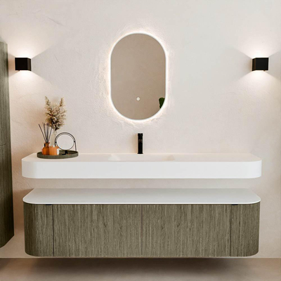 MONDIAZ THOR 180cm meuble de salle de bains arrondi gauche + droite couleur Shadow avec 2 tiroirs et 2 portes. Vasque suspendue CLOUD Milieu 1 trou de robinet couleur Talc.