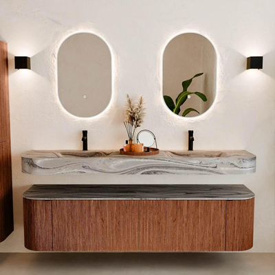 MONDIAZ THOR-DLUX 180cm meuble de salle de bains arrondi gauche + droite couleur Ruby avec 2 tiroirs et 2 portes. Vasque suspendue CLOUD Double 2 trous de robinet couleur Sombra.